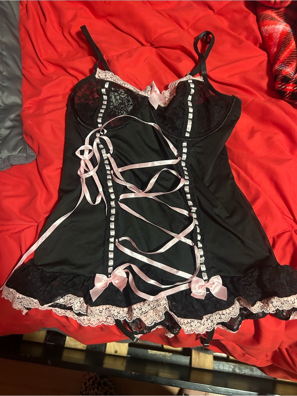 Black Chemise with Pink Lace Ribbon Accents